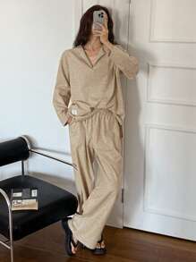 DAZY Simple Loose Knit Trim Loungewear Set Pajama - Khaki - View 4
