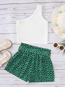 SHEIN Leap Crew Tween 女童针织修身单肩上衣，带花卉装饰和宽松短裤 2 件套，度假/休闲 - 綠色 - 查看 2