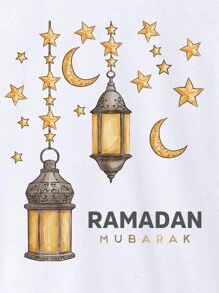 Ramadan Young Boy Casual Fashion Creative Holiday Star Beaded Lantern Moon Pattern Letter Slogan Print Basic Short Sleeve T-Shirt, Family Matching Outfits (3 Pieces Sold Separately) - White - View 7