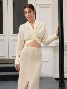 BizChic Women's Apricot Straight Skirt With Slit, Elegant Attire For Business, Casual, Office, Teacher , Spring/Summer - Khaki - View 3