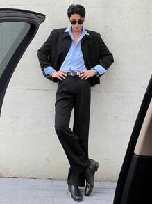DAZY 男士纯黑色西装套装，包含夹克和裤子，适合所有季节，秋冬季商务着装 - 黑色 - 查看 3