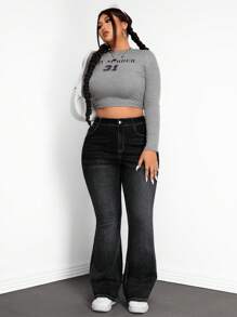 SHEIN Tall CURVE 大码休闲水洗高腰喇叭牛仔裤 - 黑色 - 查看 6