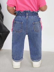 SHEIN Baby Girls Cute Heart Pocket Loose Blue Denim Harem Pants,Valentine's Day Denim Jeans - Light Wash - View 2