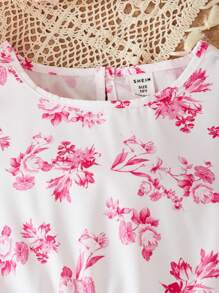 Set de 2 piezas: Vestido floral con decoración de lazo y blusa de manga corta para niñas preadolescentes, estilo campestre, conjunto para primavera/verano y vacaciones