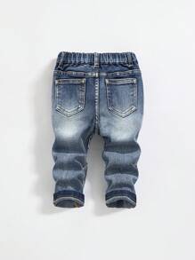 SHEIN Calça Denim Azul Skinny com Desenho de Costura Dividida de Alta Elasticidade Lavado com Pedra, para Bebês Meninos, Roupas Internas/Externas para Bebês Meninos no Outono e Inverno - Lavagem Média - Visão 2