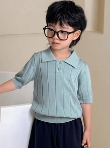 Dazy Kids 男童纯色休闲套头短袖毛衣 - 藍色 - 查看 3