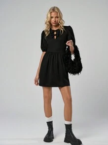 EURMUSE Women Cute Solid Color Front Bow Dress - Black - View 5