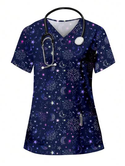 PopScrub Valentine's Day Starry Blessing Floral Print V-Neck Short Sleeve Pocket Nurse Scrub Uniform Top Set Scrub Set Nurse Dresses Scrub Tops Scrub Bottoms Lab Coats Scrub Outwear Print V Neck Frosted Scrub Top, Casual Short Sleeve Work Wear, Women Sweetheart V-Neck Ruched Blouse, Women Short Sleeve V-Neck Nurse Scrub Uniform Shirt With 2 Pockets, Soft Stretchy Ruched Graphic Tee