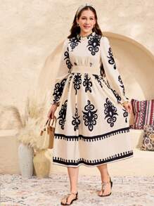 SHEIN Teen Girl Apricot Vacation Black Apricot Pattern Color Block Design, Placement Flower, Stand Collar Waisted Long A-Line Ruffle Puff Sleeve Dress, Casual Beach Holiday, Vacation Dress - Apricot - View 4