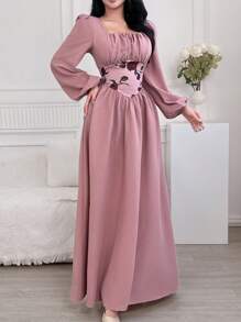 Feyla 女士优雅花卉印花拼布灯笼袖连衣裙 - 粉色 - 查看 5