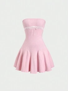Sweetra 女士新款可爱俏皮粉色露肩短款针织 A 字裙，修身且适合外出 - 粉色 - 查看 1