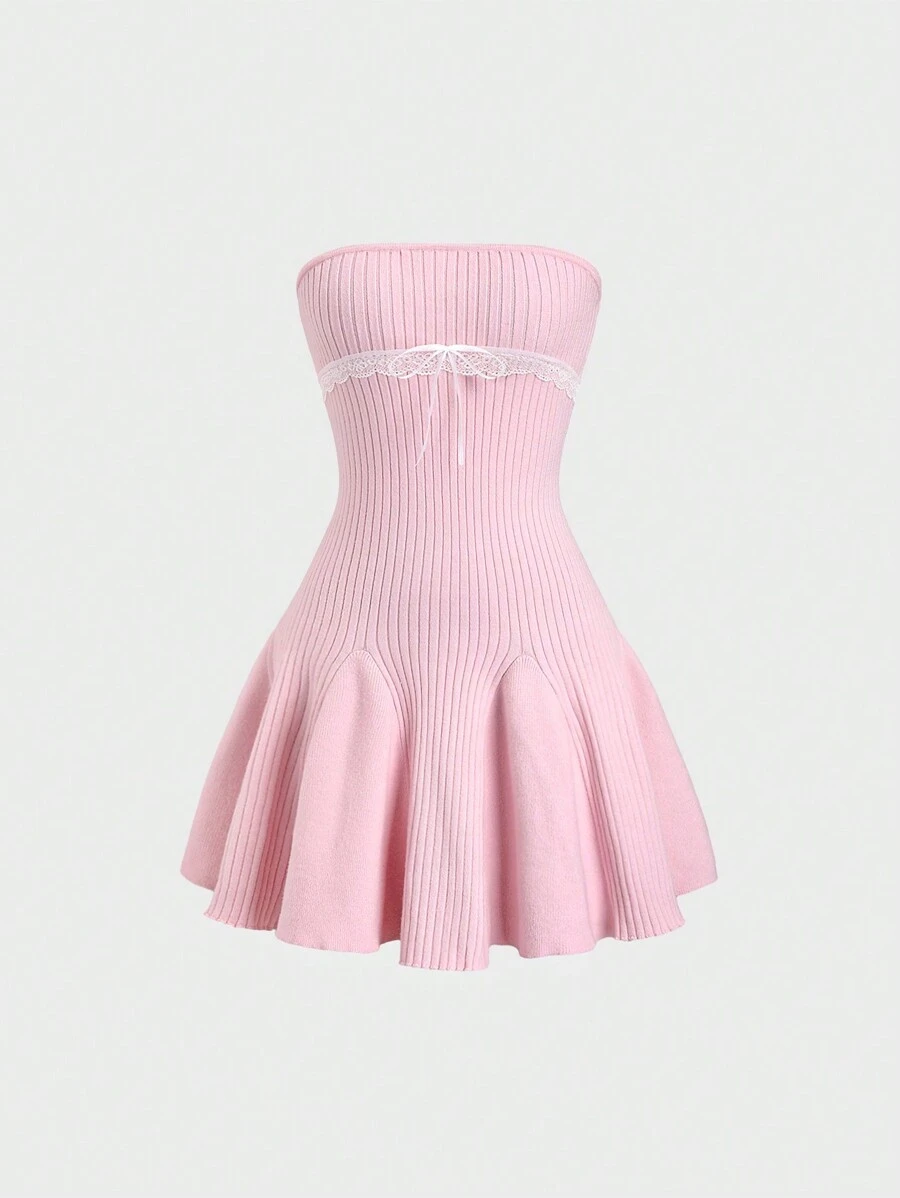 Sweetra 女士新款可爱俏皮粉色露肩短款针织 A 字裙，修身且适合外出 - 粉色 - 查看 1