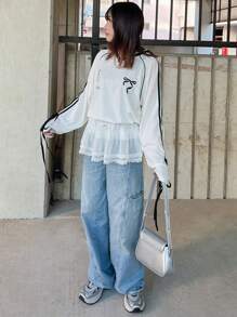 FRIFUL 女士透明超短荷叶边蕾丝下摆迷你裙、蛋糕裙 - 白色 - 查看 2