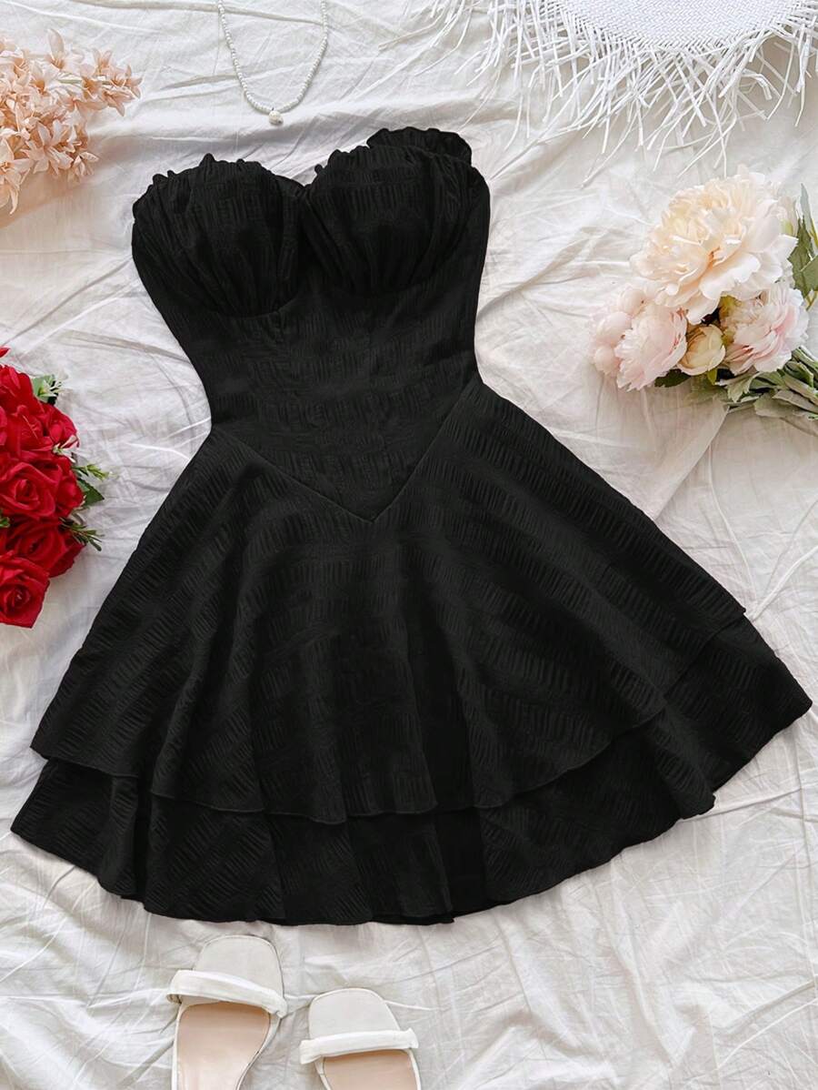 Soleia Váy mini hở vai không đối xứng có áo ngực cho nữ, màu đen, thích hợp cho tiệc Giáng sinh, hẹn hò - màu đen - Xem 1