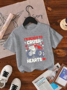 Kleine Jungen Valentinstag Rundhals Kurzarm T-Shirt mit Buchstaben Aufdruck, Lässig