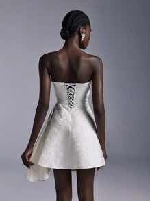 Elitara Elegant Apricot Jacquard Satin Bustier Pleated Waist Asymmetrical Hem Flared A-Line Party Dress, Wedding Guest Dress With Adjustable Back Tie,Cocktail