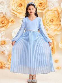 SHEIN Tween Girl Elegant V-Neck Long Sleeve Chiffon Dress - Blue - View 3