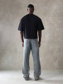 SUMWON 设计师款双膝喇叭牛仔裤经典工作服实用牛仔裤宽版宽松街头休闲裤秋冬时尚 - 藍色 - 查看 4