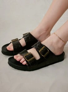 Solecia Casual Black Flat Sandals With Metal Square Buckle, Ideal For Vacation Spring Break Easter