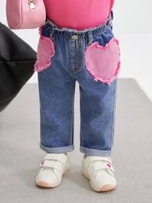 SHEIN Baby Girls Cute Heart Pocket Loose Blue Denim Harem Pants,Valentine's Day Denim Jeans - Light Wash - View 3