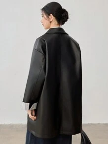 Dazy-Less Women's Casual Loose Plaid Patchwork PU Jacket Windbreaker Ladies Regular Coat,Fall Clothes Business Casual Woman Work Clothes Leather Jacket - Black - View 5