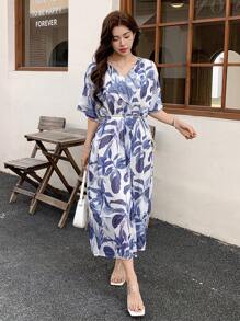 DAZY 1pc Women All-Over Floral Print V-Neck Ruffle Hem Mid-Length Dress