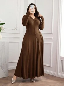 Mulvari 大码纯色长袖褶皱简约休闲连衣裙