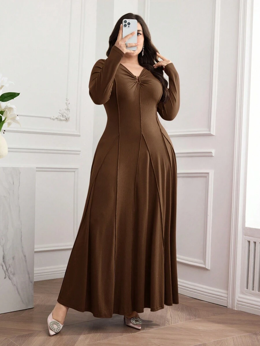 Mulvari 大码纯色长袖褶皱简约休闲连衣裙