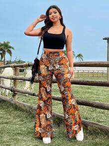 Flirla Plus Size Floral Print Flare Pants, Casual Holiday Style Fall Cloth For Women