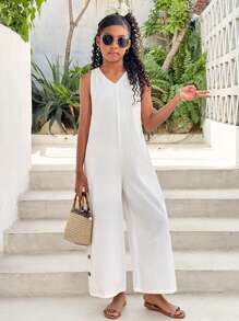 SHEIN Tween Girls Vacation Casual Chic Street Style Solid Color Jumpsuit - White - View 3