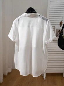 SHEIN LUNE Áo sơ mi bảo vệ cài nút phía trước thường ngày tay ngắn cho nữ - trắng - Xem 2