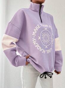 SHEIN Cottnline 棉质太阳与口号图案落肩抽绳下摆运动衫 - 紫丁香色 - 查看 5