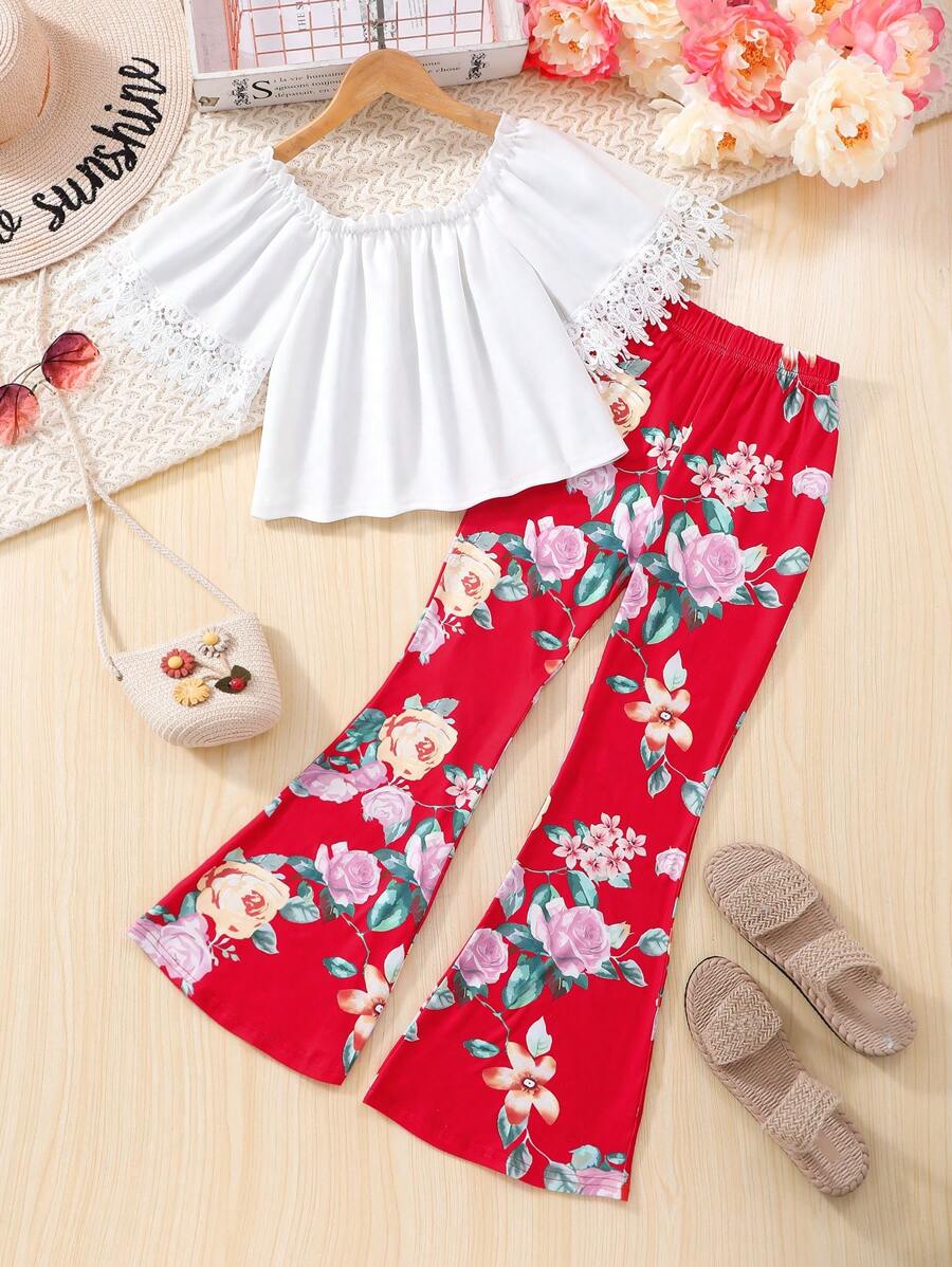 2pcs/Set Tween Girls' Off-Shoulder Batwing Top And Digital Printed Flare Pants, Summer - White - View 1