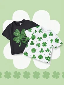 SHEIN 2 件套年轻男孩四叶草圣帕特里克节印花 T 恤，圆领短袖针织，休闲日常百搭图案 T 恤，春夏季，适合外出、家居服、圣帕特里克节、拍照 - 綠色 - 查看 3