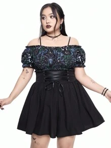 ROMWE Goth Bộ đồ liền thân in họa tiết hở vai tay loe viền bất đối xứng cỡ lớn cho nữ, thích hợp mặc đi biển và đi nghỉ - Nhiều màu - Xem 1