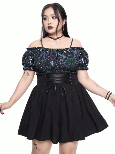 Goth Plus Size Women's Off Shoulder Flare Sleeve Asymmetrical Hem Drawstring Waist Allover Print Romper, Suitable For Beach & Vacation