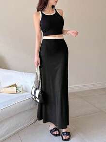 DAZY 2 件套女士优雅裹身吊带背心套装，春夏 - 黑色 - 查看 1