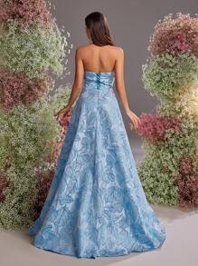 Glamrae Elegant Blue Jacquard Satin Tube Dress,Gorgeous Asymmetric Three-Dimensional Texture High Slit Wedding Guest Dress For Dinner,Prom&Formal Events - Blue - View 3
