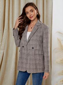 SHEIN Clasi Winter Elegant Women's Long Sleeved Flip Collar Retro Plaid Pattern Blazer - Multicolor - View 3