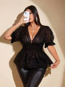 Viva Relle Blusa con escote en V profundo, mangas abullonadas y flecos, de moda y sexy, talla grande