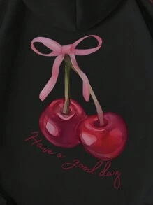 Tween Girls Casual Solid Color Charming Bow & Cherry Pattern Letter Sweatshirt With Pockets, Suitable For Autumn/Winter Outfitting - Black - View 4