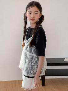 DAZY 2pcs/Set Tween Girl Solid Color Lace Camisole & Short Sleeve Top - Black and White - View 2