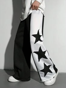 SHEIN Teen Boys 1 Piece Casual Versatile Fashion Street Style Clashing Color Plus Applique Seam Star Design Loose Wide Leg Long Sweatpants Back To School;Autumn Wear;Teen Boys Clothing;Teen Boy Jackets Autumn And Winter Clothing - Black and White - View 1