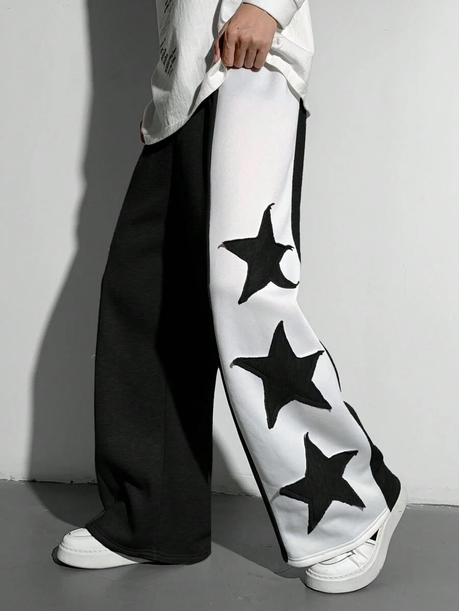 SHEIN Teen Boys 1 Piece Casual Versatile Fashion Street Style Clashing Color Plus Applique Seam Star Design Loose Wide Leg Long Sweatpants Back To School;Autumn Wear;Teen Boys Clothing;Teen Boy Jackets Autumn And Winter Clothing - Black and White - View 1