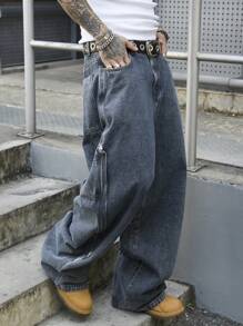 Manfinity EMRG Men's Blue-Gray Washed Denim Baggy Street Utility Pants, StreetEZ - Dusty Blue - View 8