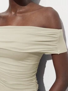 Maija Off Shoulder Ruched Bodysuit, Fitted Silhouette, Suitable For Parties, Gatherings, Versatile Wear, Spring/Summer - Apricot - View 4