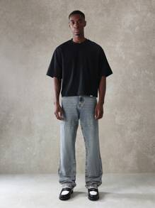 SUMWON 设计师款双膝喇叭牛仔裤经典工作服实用牛仔裤宽版宽松街头休闲裤秋冬时尚 - 藍色 - 查看 2