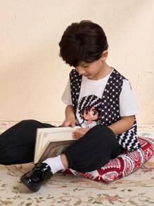 SHEIN Young Boy Geometric Pattern Vest, Cartoon Character Printed T-Shirt, And Pants 3 Piece Casual Outfit Set - Black and White - View 5