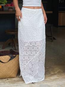 DAZY Contrast Lace Stitching Slit Skirt, Casual Holiday Summer Women Skirt,Fall Clothes