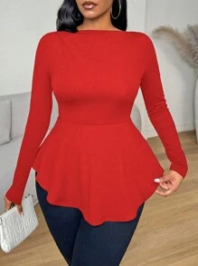 VaVaBold 纯色荷叶边下摆修身长袖女式 T 恤、黑色上衣、秋装、秋季女装